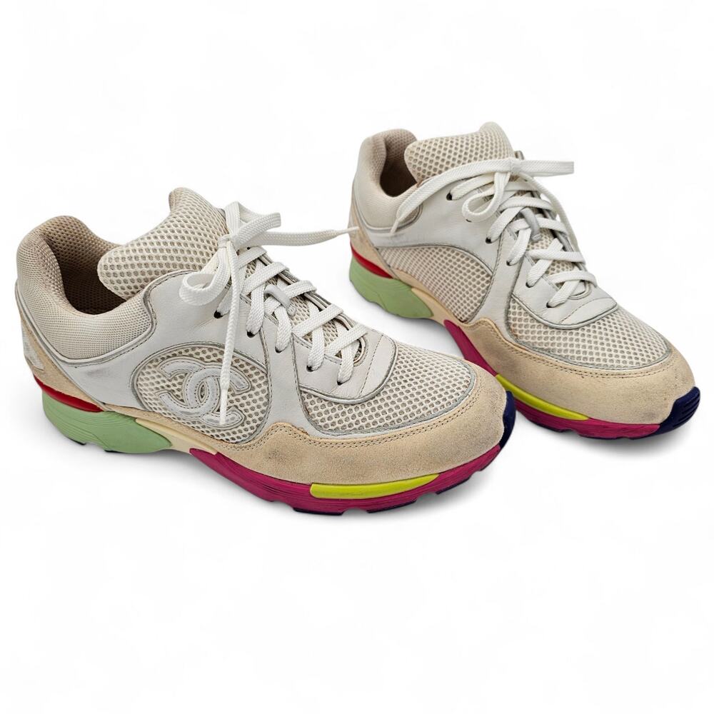 Chanel 16C CC Sneakers Cream Pink Green Suede Low Lace Up Size 38.5 US 7.5 8 - Picture 3 of 11
